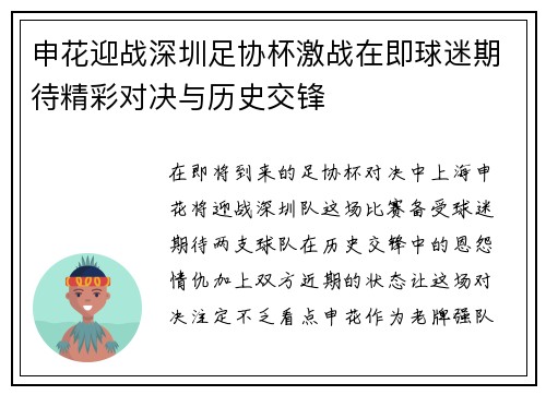 申花迎战深圳足协杯激战在即球迷期待精彩对决与历史交锋